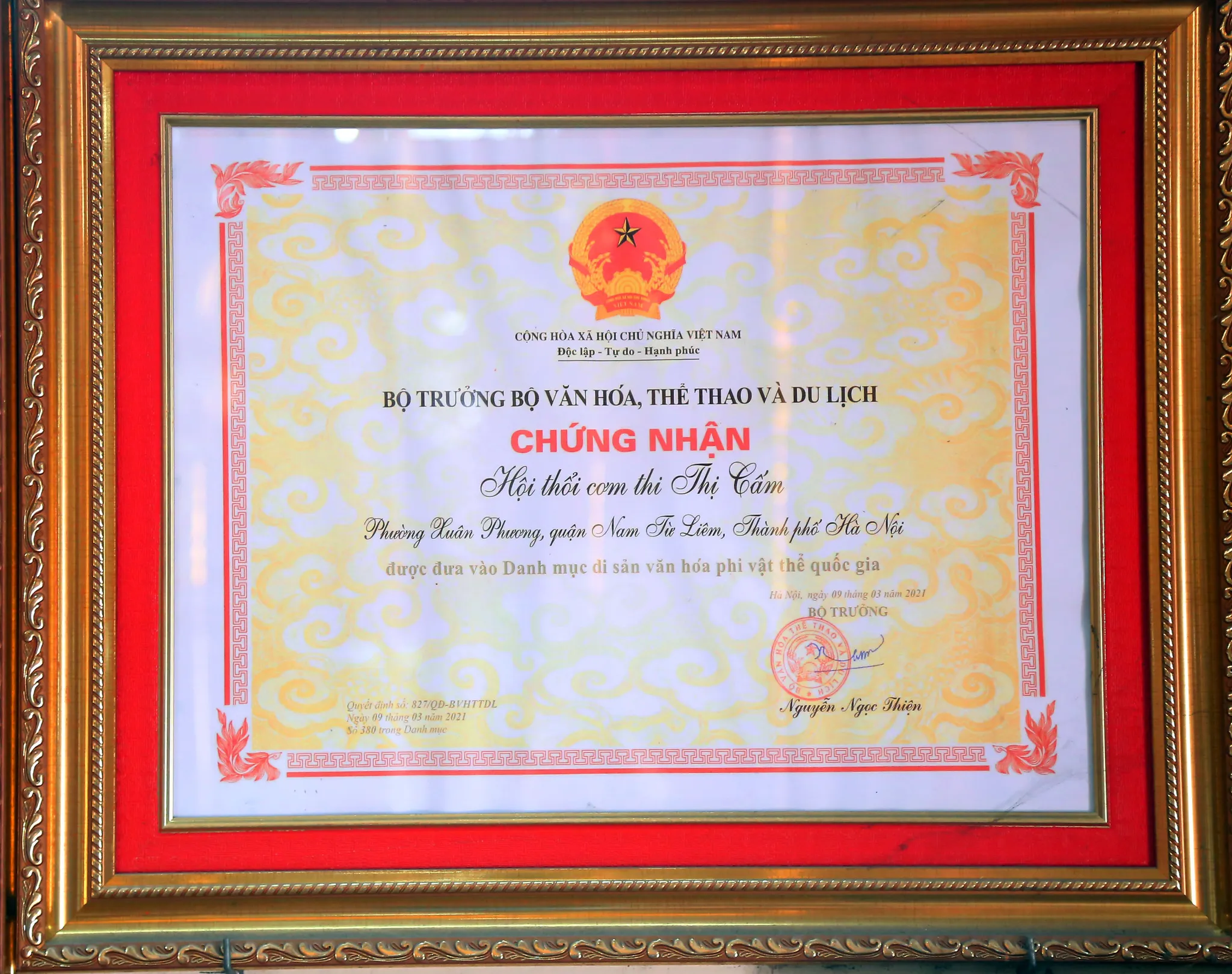 Chứng nhận hội thổi cơm thi Thị Cấm
