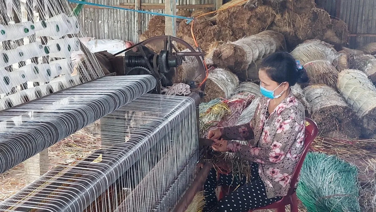 Công đoạn dệt chiếu tại làng nghề Vũng Liêm