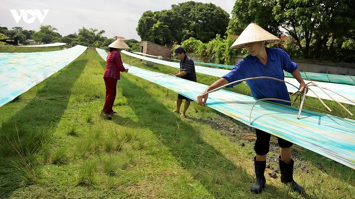 Lụa sau khi nhuộm màu được mang ra phơi nắng