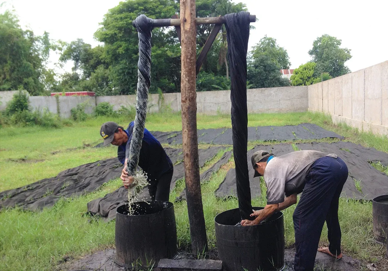 Công đoạn nhuộm lụa bằng trái mặc nưa