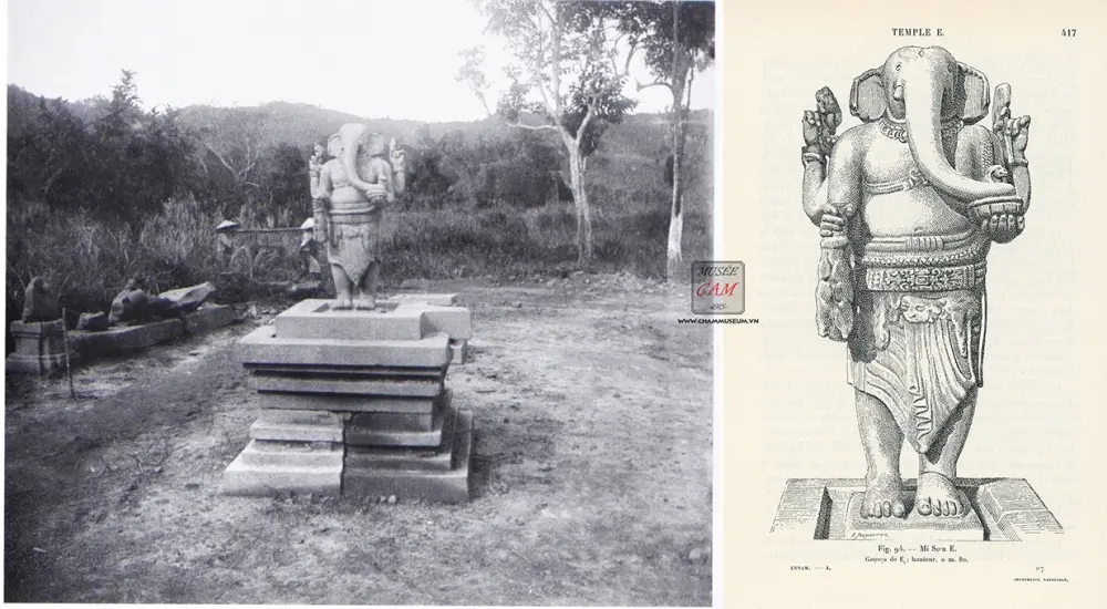 Tượng Ganesha được phát hiện tại di tích năm 1903 (ảnh trái) và bản vẽ của nhà khảo cổ học Henri Parmentier, in trong ấn phẩm “Inventaire descriptif des monument cams de l’Annam: Tome I. Description des monuments” năm 1909 (ảnh phải)