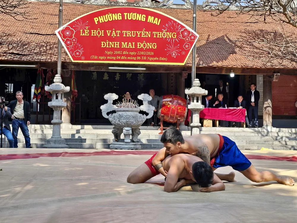 Các đô cử tranh tài quyết liệt tại Lễ hội vật truyền thống đình làng Mai Động