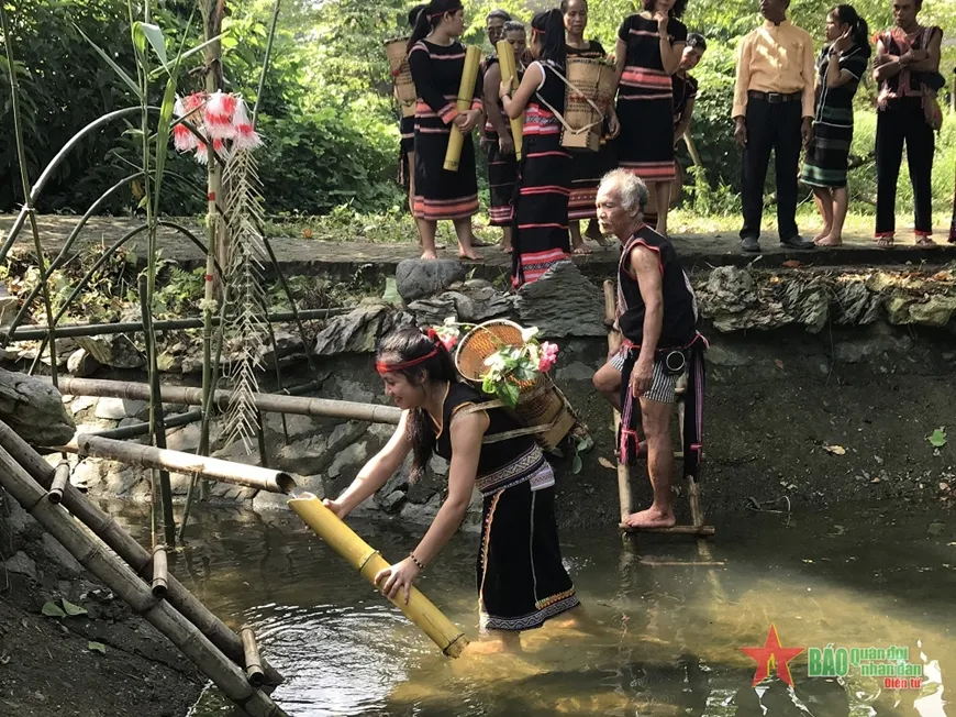 Tái hiện: Cô gái Xơ Đăng hứng những dòng nước từ đầu nguồn tại Lễ hội mừng lúa mới dân tộc Xơ Đăng