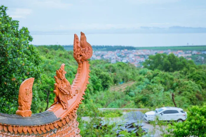 Phần mái vút cong được chạm khắc tỉ mỉ tại Chùa tháp Tường Long