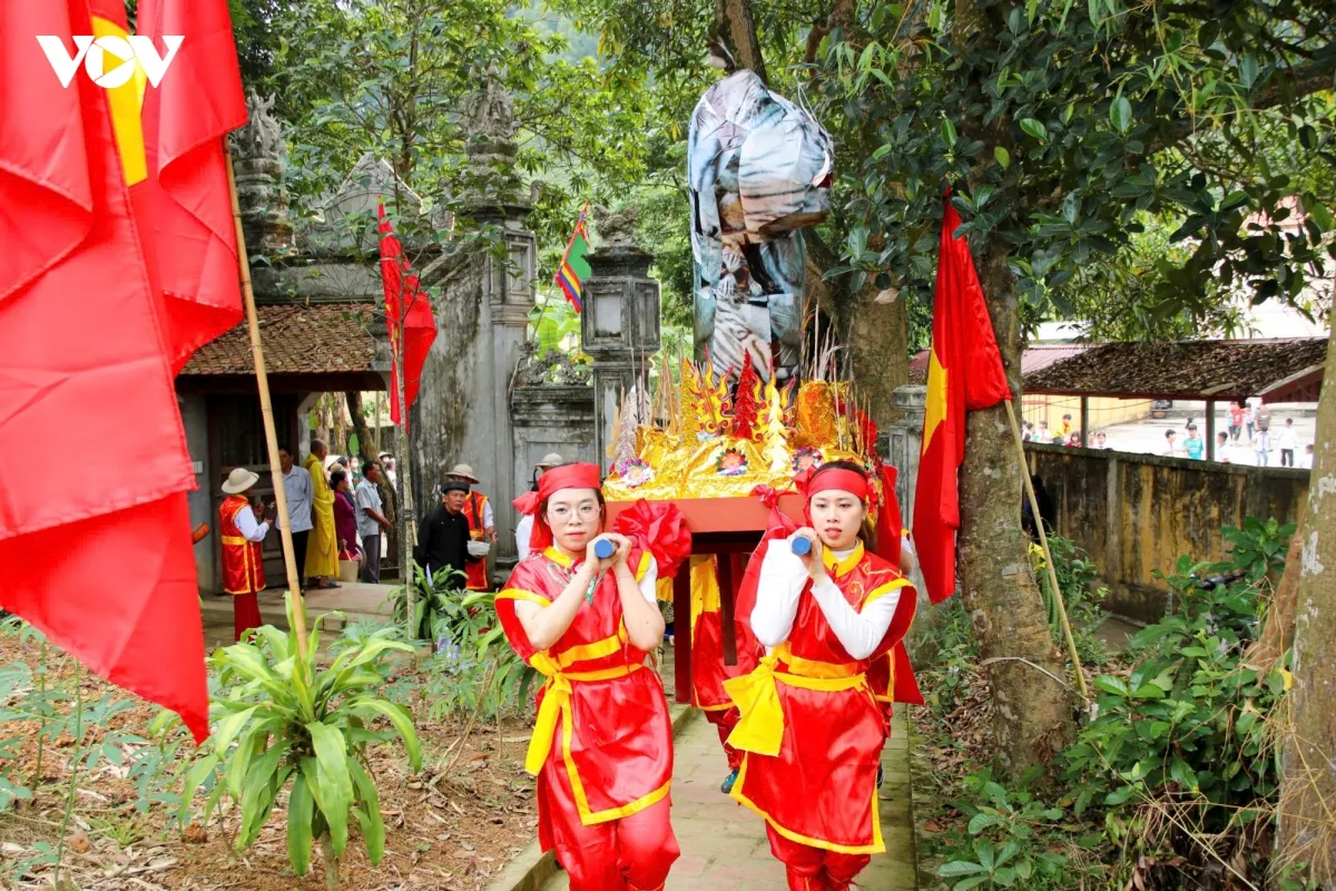 Đoàn rước khiêng mô hình linh vật Hổ tiến vào Mả Dấu tại Lễ hội Đền Lăng