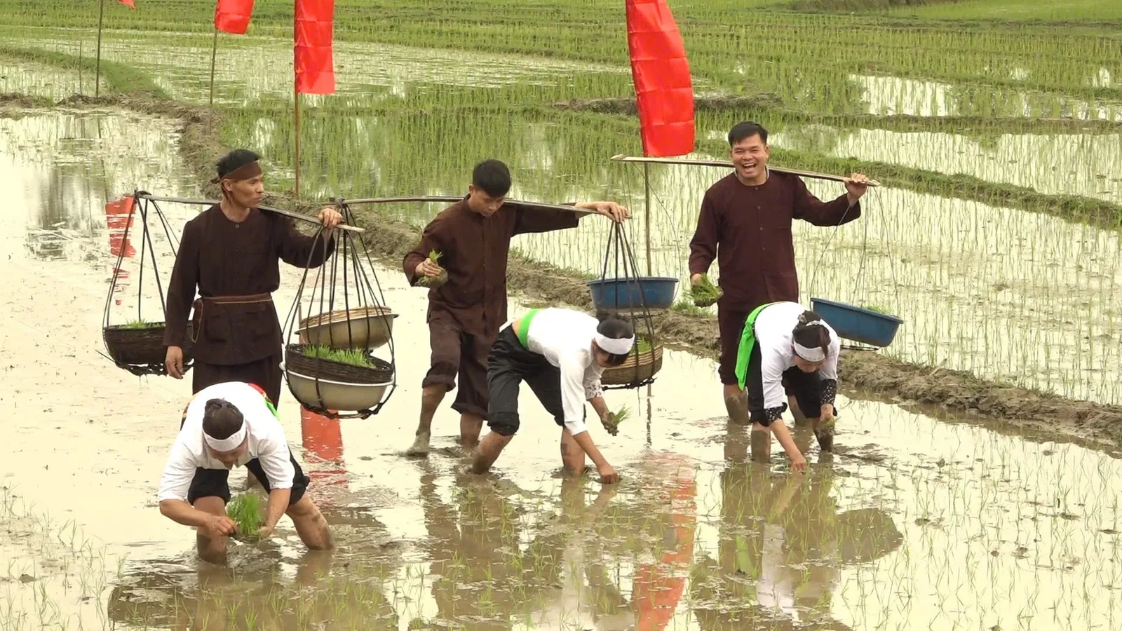 Các đội thi cấy mặc trang phục truyền thống tại Lễ hội Hạ điền đình Đồng Sương