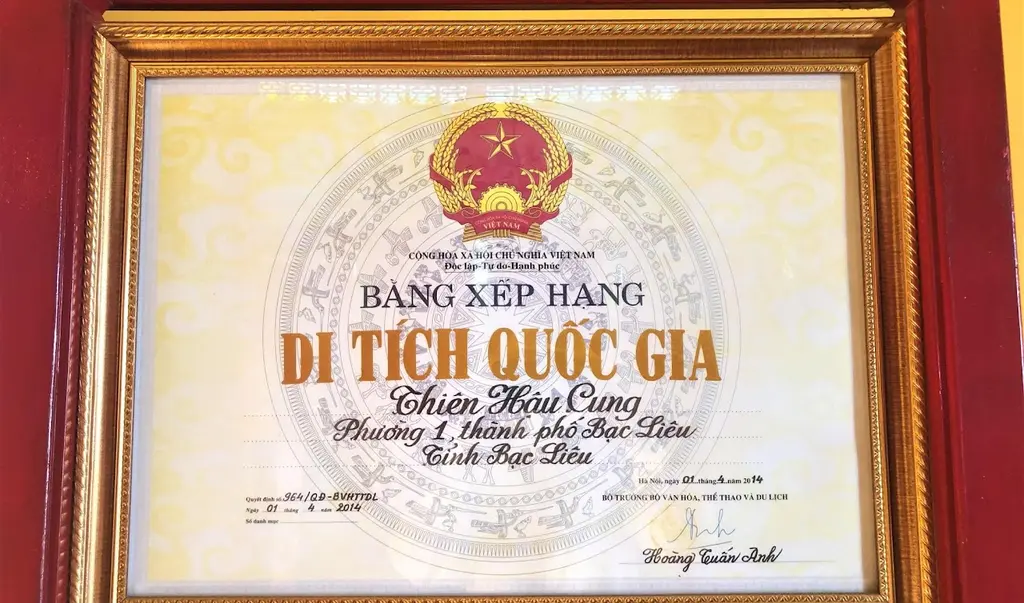 Bằng xếp hạng di tích quốc gia di tích Thiên Hậu Cung