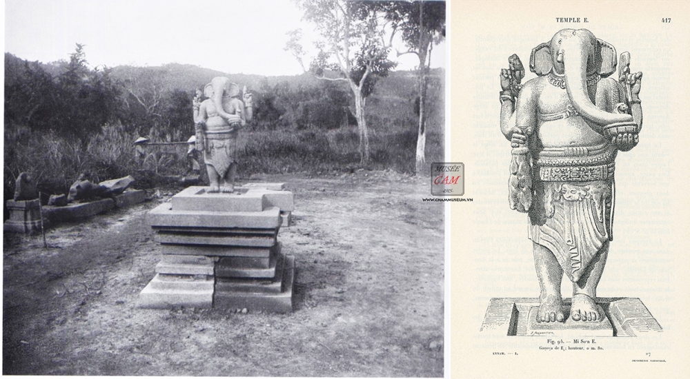 Tượng Ganesha được phát hiện tại di tích năm 1903 (ảnh trái) và bản vẽ của nhà khảo cổ học Henri Parmentier, in trong ấn phẩm “Inventaire descriptif des monument cams de l’Annam: Tome I. Description des monuments” năm 1909 (ảnh phải)