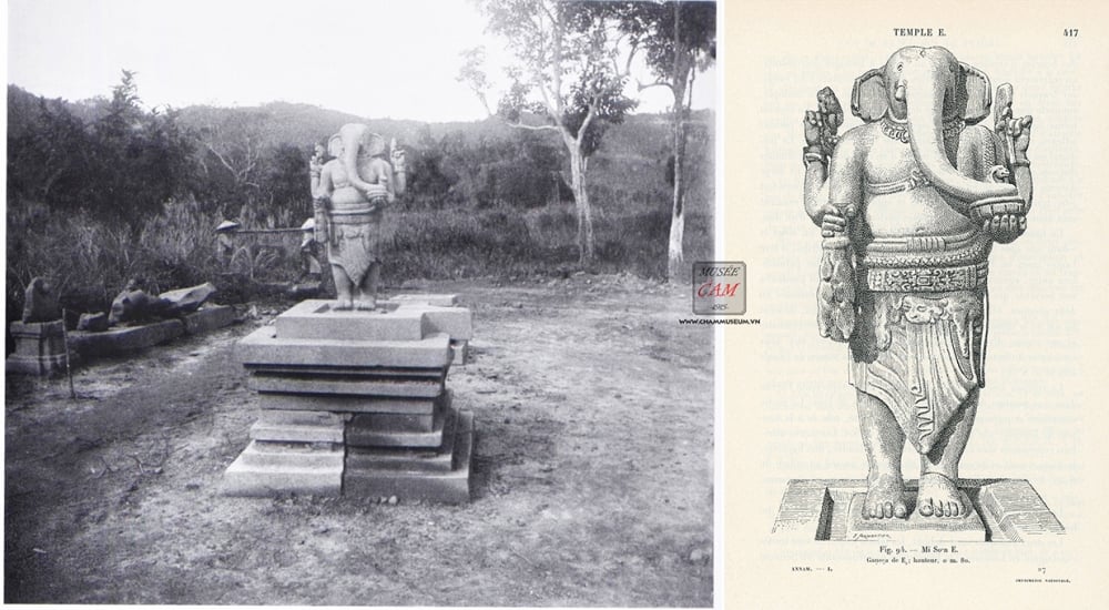 Tượng Ganesha được phát hiện tại di tích năm 1903 (ảnh trái) và bản vẽ của nhà khảo cổ học Henri Parmentier, in trong ấn phẩm “Inventaire descriptif des monument cams de l’Annam: Tome I. Description des monuments” năm 1909 (ảnh phải)